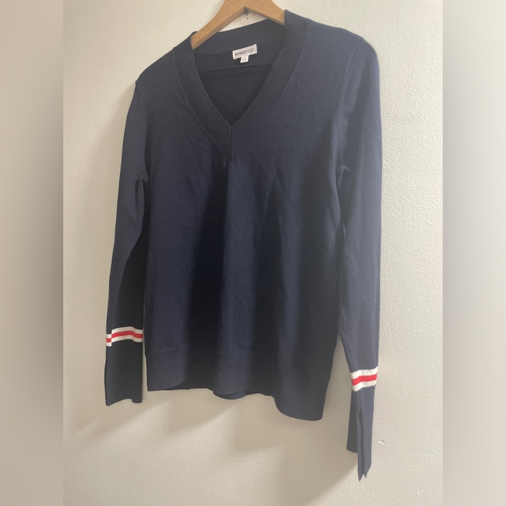 Minnie Rose Navy V-Neck Sweater with Red and White Stripes